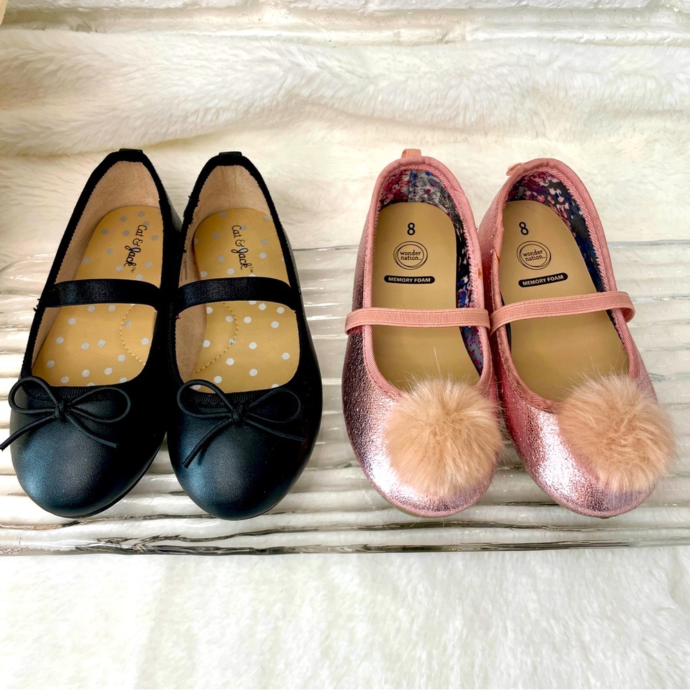 Two Pairs - Size 8 Toddler Girl Baller Flat Dress Shoes, 1 Black and 1 Pink